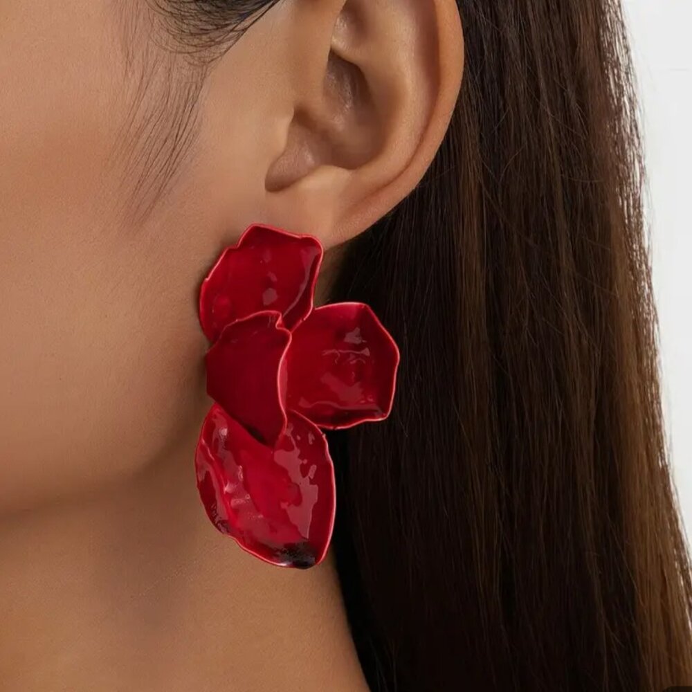 NEW Faylon Lacquer Red Flower Petal Abstract Statement Earrings